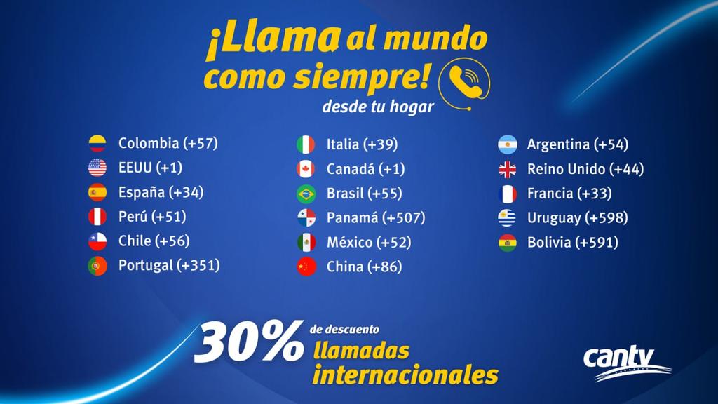 salaprensaCantv's tweet image. #2Jul Cantv te acerca a los tuyos. A partir de este 1 de julio llama al mundo como siempre desde la comodidad de tu hogar con el 30% de descuento en llamadas internacionales a cualquiera de los destinos disponibles. 

Sigue ⤵️