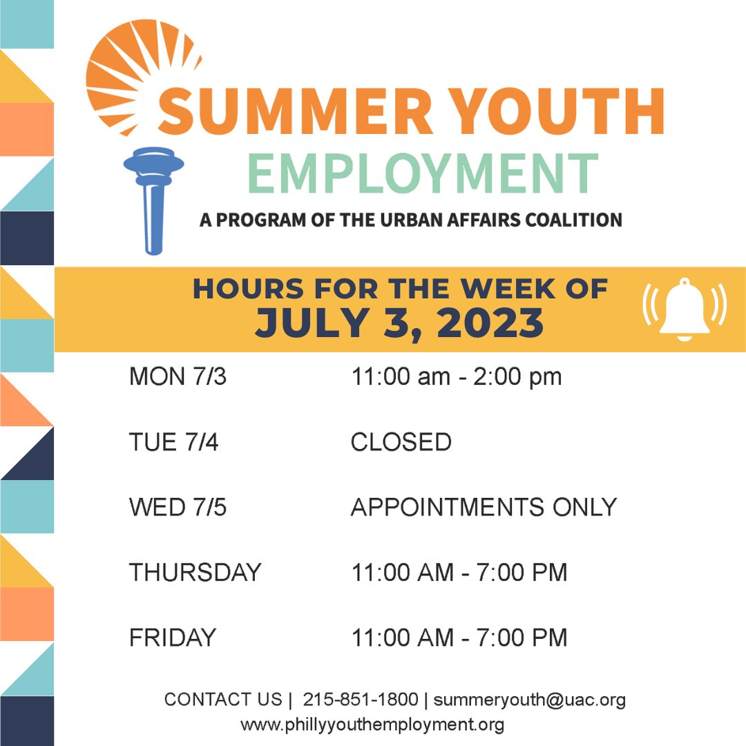 uacyouthemploy's tweet photo. SYE hours of operation for the week of July 3rd! https://t.co/y3HQRXr3uC