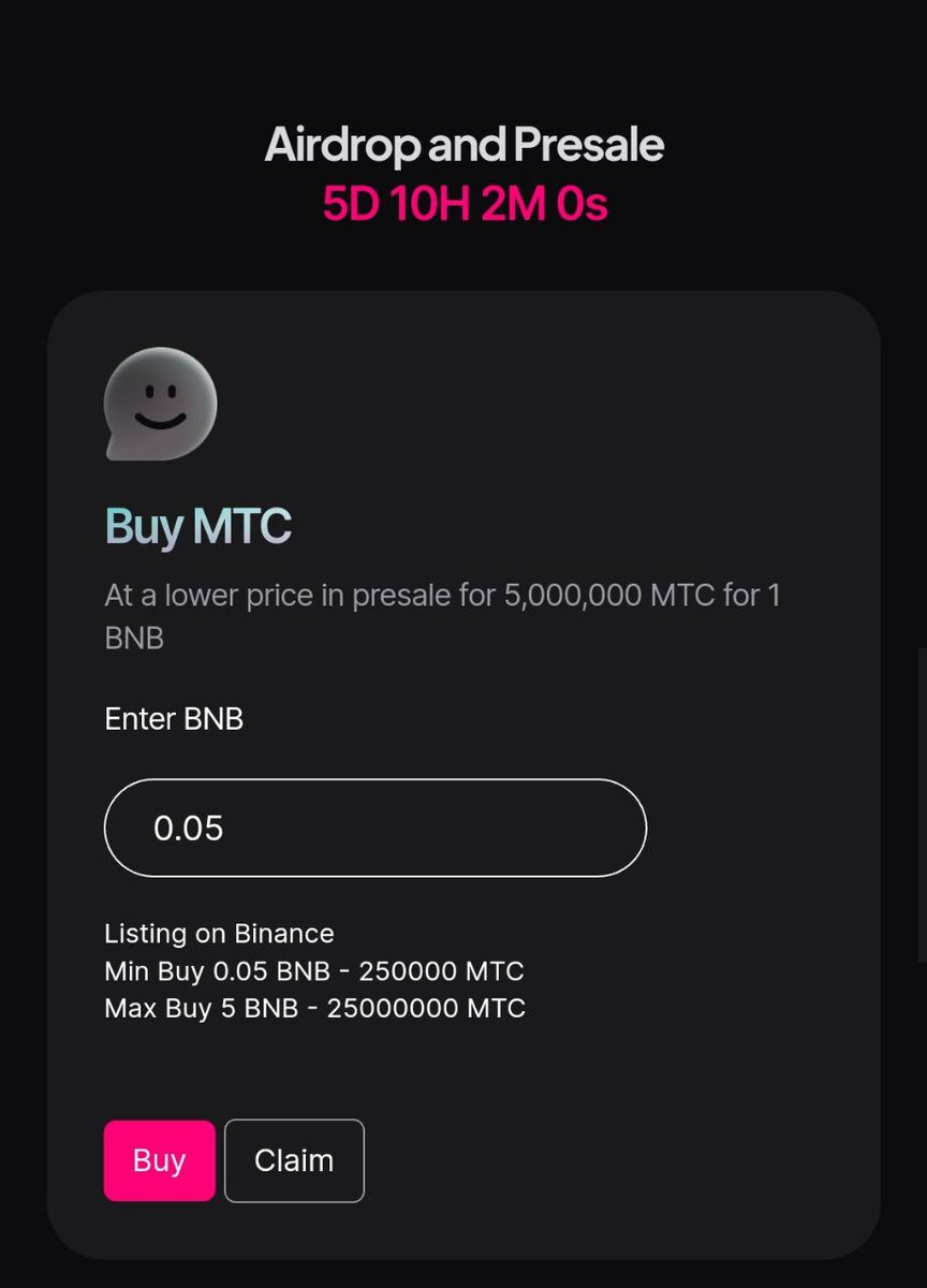 MetatimeCoin Airdrop LIVE NOW 🪂

The digital asset with the most comprehensive range of utilities in Web 3.0🌐

- claim 10,000 $MTC
- binance smart chain
- get cheaper MTC in public sale

Airdrop : metatimecoin.xyz/?ref=0xd6d40f7…

#Airdrops #BTC  #ETH #BNB #SOL #MetaAirdrop #MTC