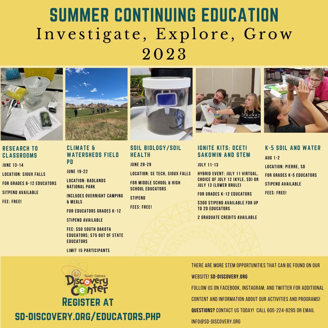 SoDakDiscovery's tweet photo. THANK YOU, to @SD_DANR and @SD_SpaceGrant! You made our “Climate &amp; Watersheds Field PD” program possible for South Dakota teachers!

Register for more PD opportunities at https://t.co/ylhR0B5H9C before time runs out! https://t.co/VepxxiUgvJ
