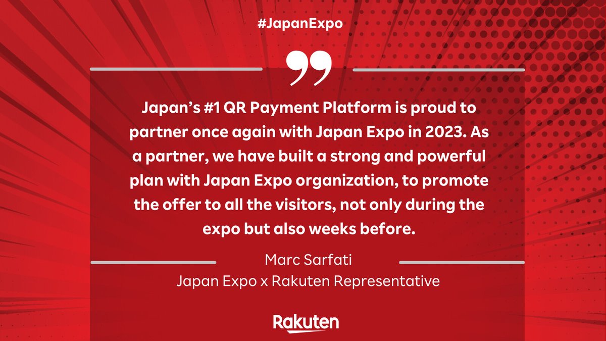 Rakuten Pay, Japan's #1 QR Payment Platform, returns with a powerful plan for attendees. Experience seamless payments, earn welcome points, and enjoy a convenient purchase experience. Learn more: corp.rakuten.eu/pressrelease/r… 

#Rakuten #JapanExpo