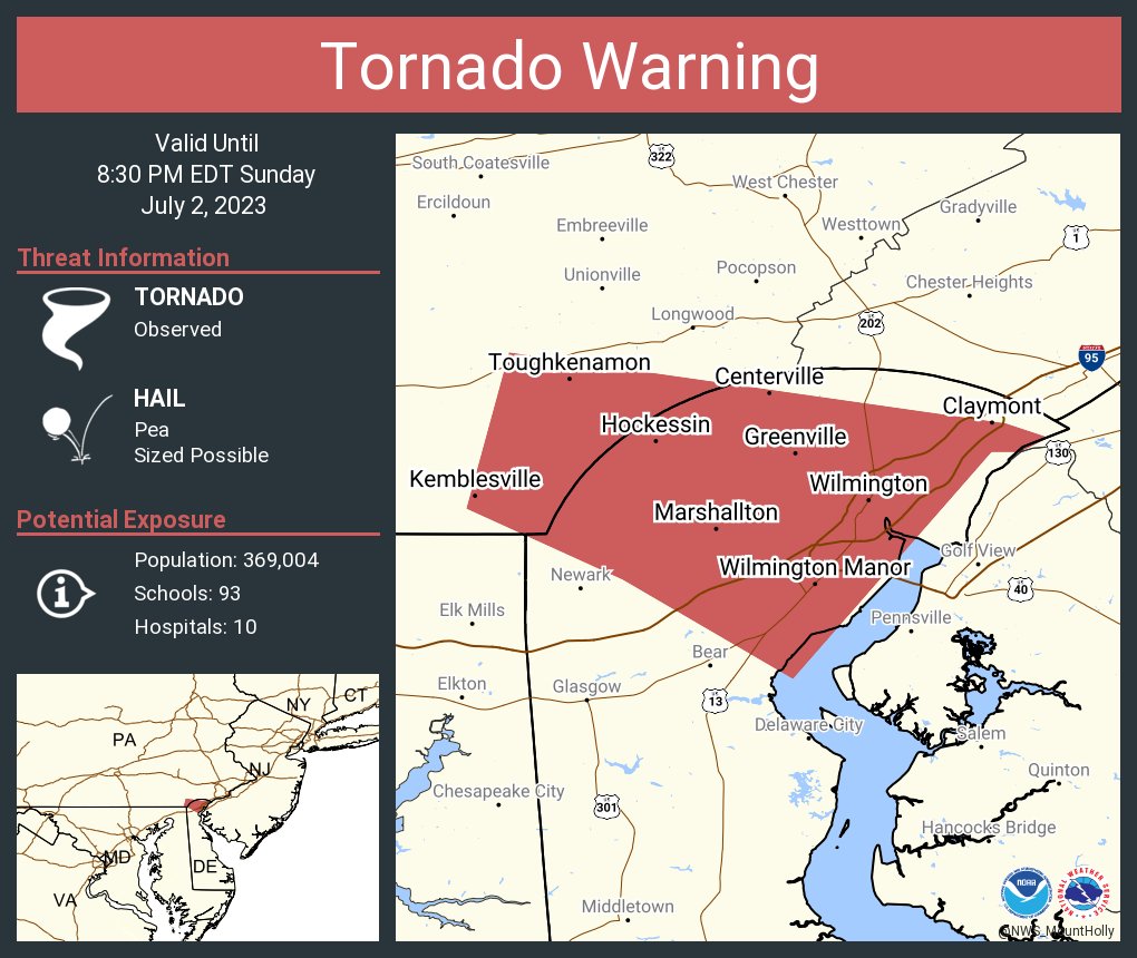 NWS_MountHolly's tweet photo. Tornado Warning including Wilmington DE, Hockessin DE and  Claymont DE until 8:30 PM EDT https://t.co/rZMVXgYBwt