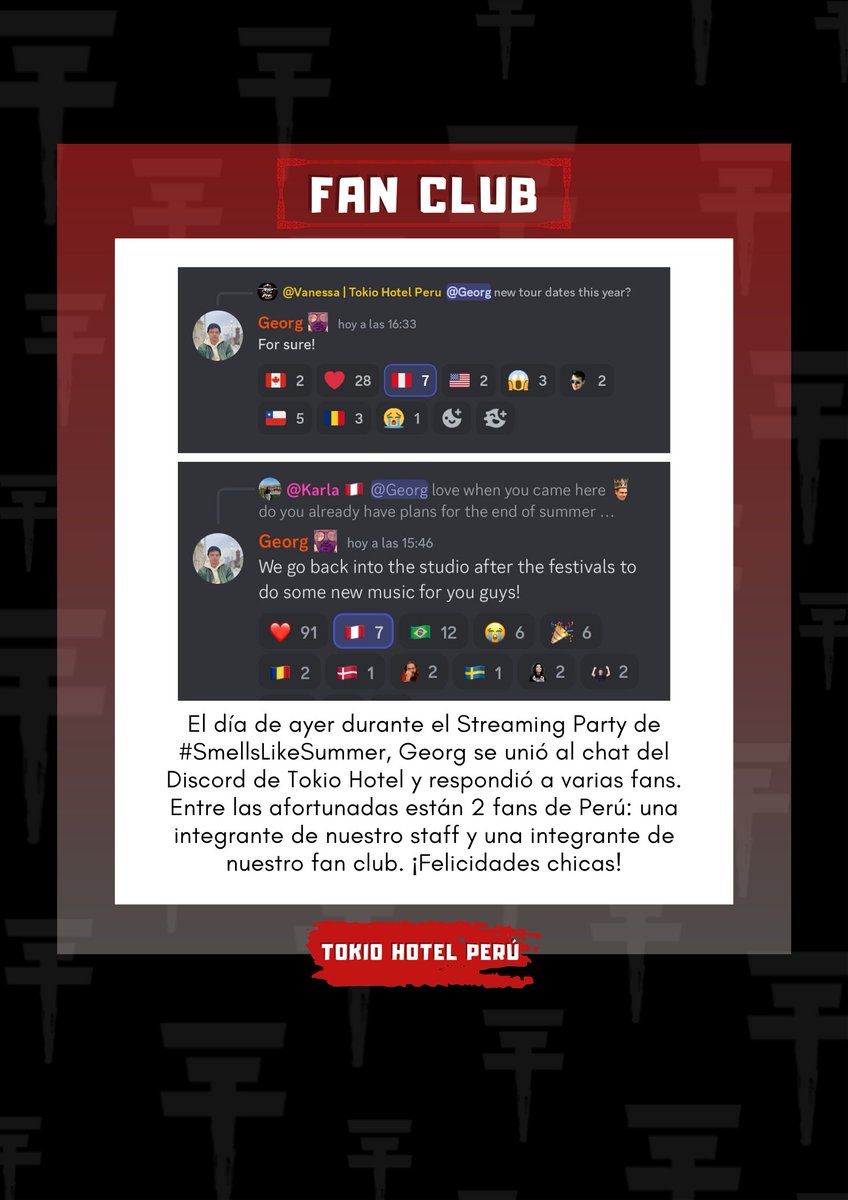 tokiohotelperu_'s tweet photo. Ayer durante el Streaming Party de #SmellsLikeSummer Georg se unió al chat del Discord de @tokiohotel y respondió a varias fans.
Entre las afortunadas están 2 fans de Perú: una integrante de nuestro staff y una integrante de nuestro fan club. ¡Felicidades chicas! 🎉🇵🇪
#tokiohotel https://t.co/McGk93JBSr
