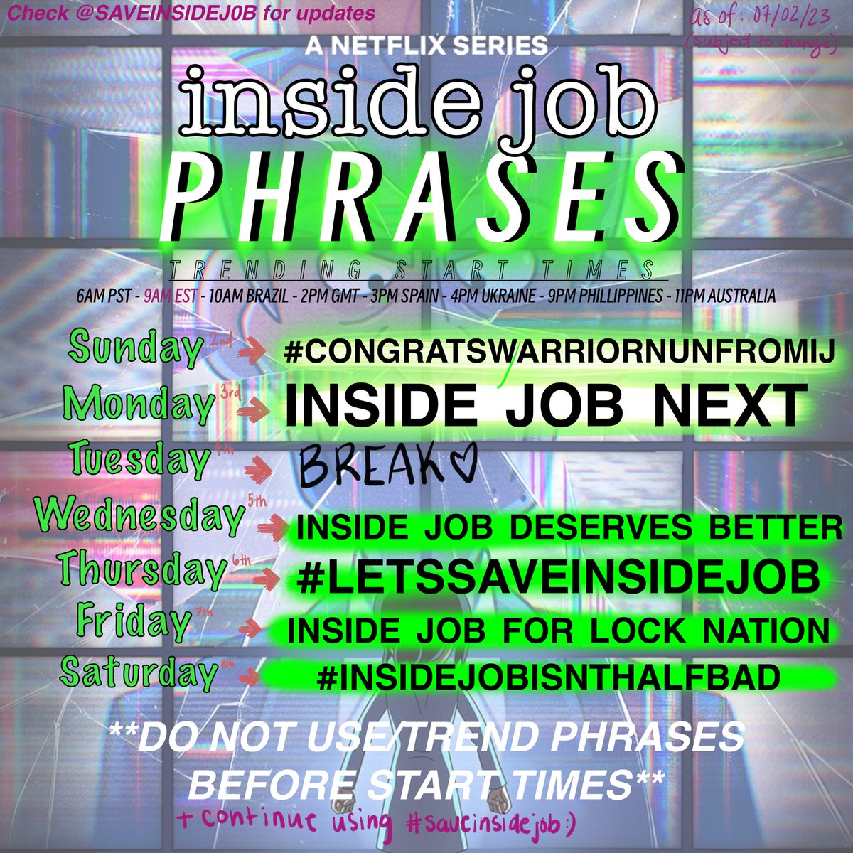 [UPDATED]

🎉 TRENDING PARTY! 🎉

Welcome to our 1ST EVER TRENDING PARTY where we try to get a phrase/hashtag trending everyday for a week! More info below!!

Don't use the phrases until their start days/times! ‼️

#SAVEINSIDEJOB #SAVELOCKWOODANDCO #SAVEHALFBAD
#WARRIORNUNSAVED