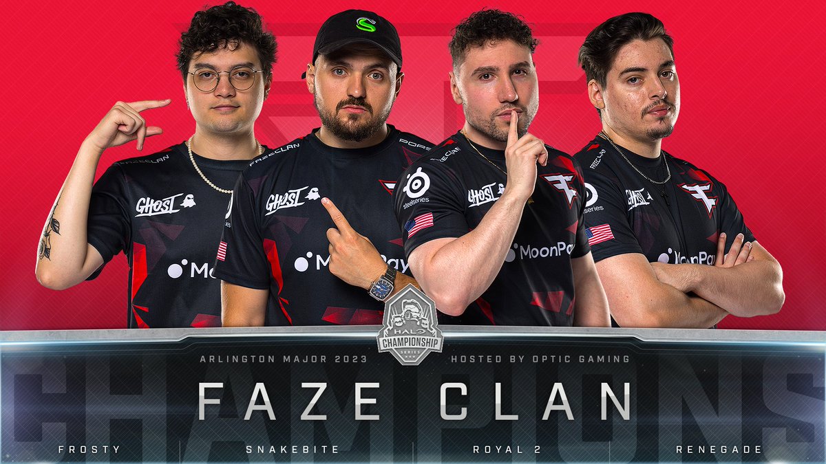 HCS's tweet photo. 🏆🏆 @FAZECLAN GO B2B!! 🏆🏆

Congratulations to your $250,000 #HCSArlington23 Major Champions!

@FrostyBB 
@SnakeBiteFPS 
@Royal2 
@Renegade_JW 
@Chris_Royal1 

#FaZeUp https://t.co/8Mb2EZG14p