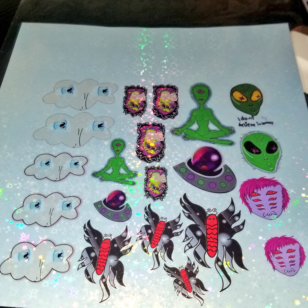 GinaVonGore's tweet photo. Printed a new batch of stickers of my art 💖 I'll be turning some of these into resin projects
#art #stickers #alienart #space #goreart #alienstickers #resinart #alienspider #followme #smallartist #gore #meditating #digitalart #gothbutterfly #abstract https://t.co/f37Bb2j7FT