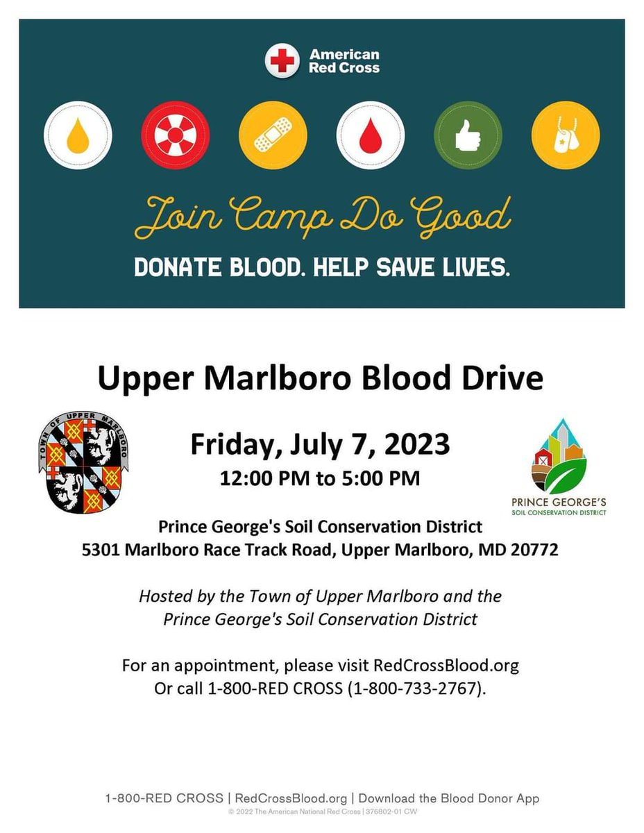 The Upper Marlboro Area Blood Drive this Friday 7/8! DONORS ARE NEEDED! Sign up today: 
redcrossblood.org/give.html/driv…

#giveblood