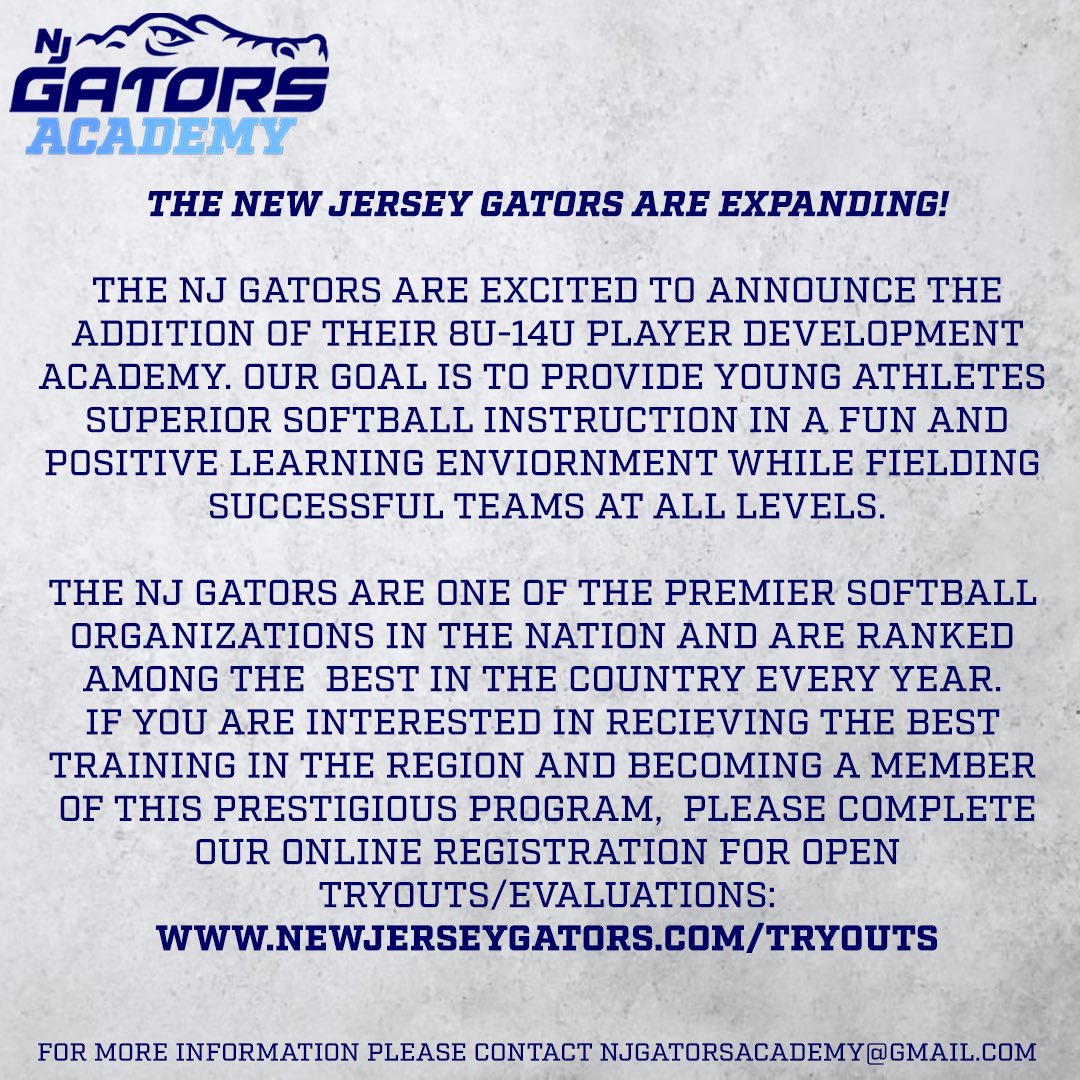 The NJ Gators Academy offers the absolute best age specific training in a fun and energetic environment. To be a part of this new and exciting program please register for our team evaluations/tryouts here:
newjerseygators.com/tryout-registr…