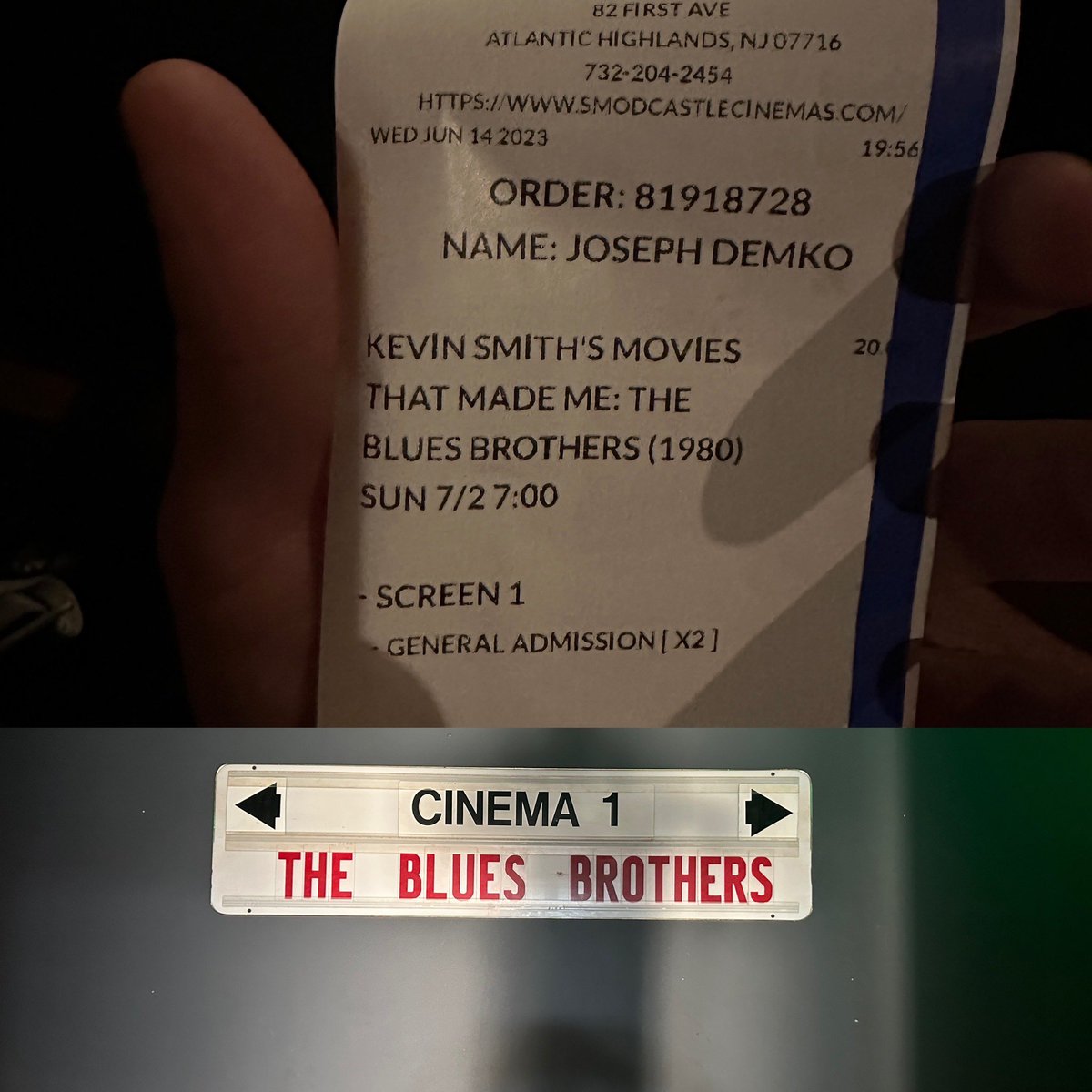 j_demko's tweet photo. Thank you again @ThatKevinSmith for the blues brothers.. me and my uncle would quote this movie line-by-line.. he passed away last July and it’s so fitting that I am watching it today in the theater https://t.co/CK551pzUAx