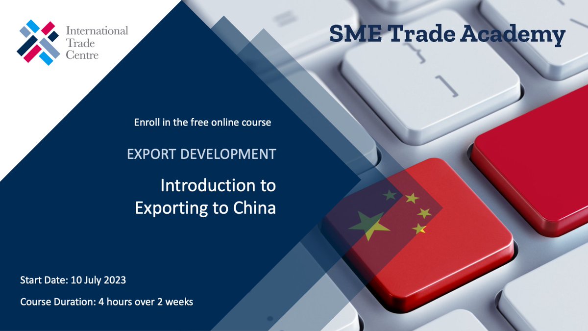 SMEtradeacademy's tweet photo. Starting 10 July, join our #free #elearning course "Introduction to #Exporting to #China": https://t.co/nLLdnIcrfu
Topics include:
π #Market dynamics in China
βοΈ #MarketAccess and key #standards
π¨π³ How to participate in a #trade fair in China
#exportdev https://t.co/3dGF68L35Q