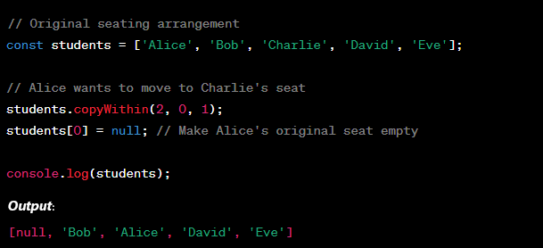 bull_times_'s tweet image. The copyWithin() method in JavaScript enables the shallow copying of a portion of an array to another position within the same array. It returns the modified array without altering its length. Less Used in real life though. Still good to know #JavaScript, #JSArray