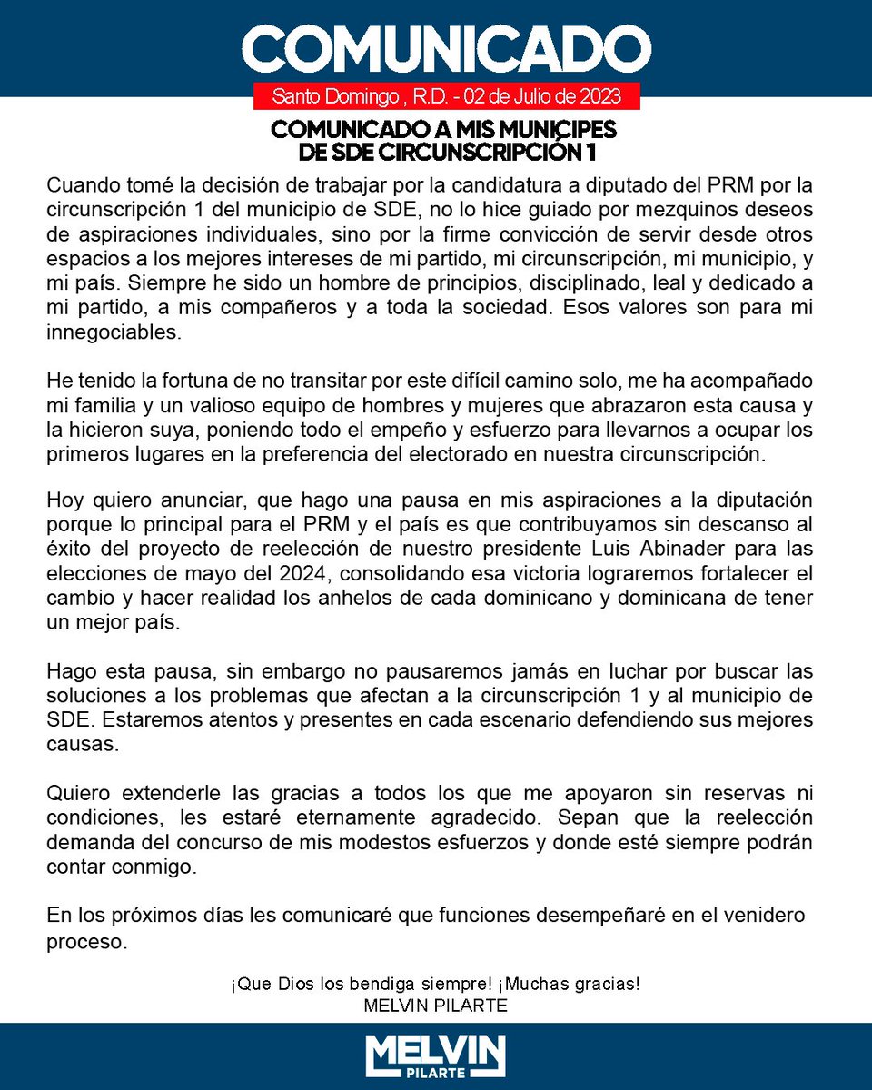 Quiero extenderle las gracias a todos los que me apoyaron sin reservas ni condiciones, les estaré eternamente agradecido. #melvinpilarte #luisabinader #santodomingoeste #sde #prm