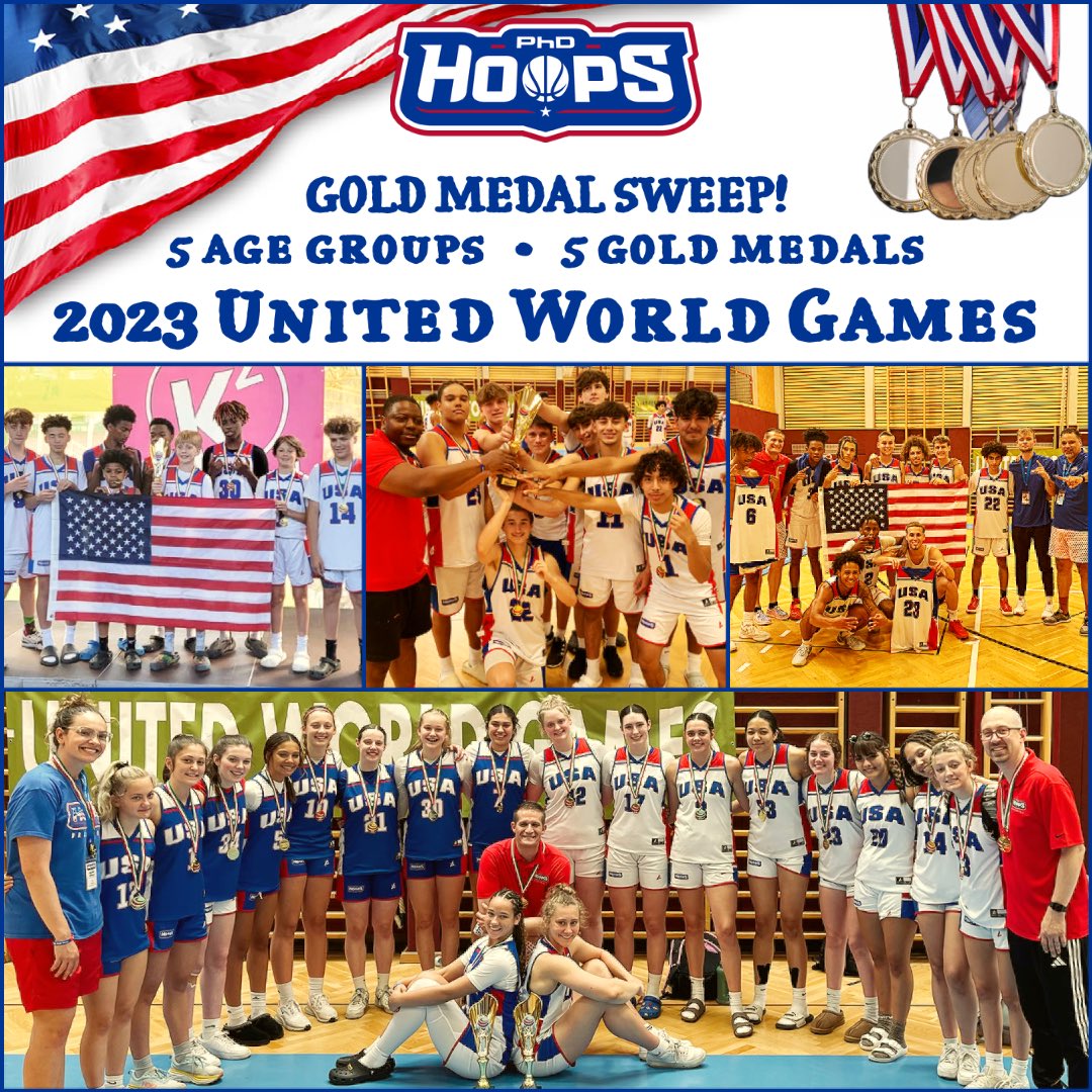 We are so PROUD of our PhD Hoops USA teams who competed at the 2023 United World Games! 🇺🇸🏀 Our teams won an unprecedented 5 GOLD MEDALS 🥇🥇🥇🥇🥇, winning the championship in every entered age division. Incredibly thankful for our #PhDHoopsFamily!