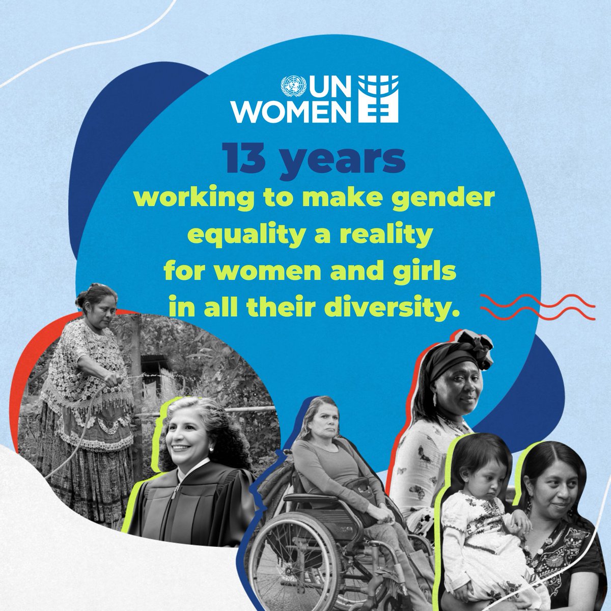🎉UN Women turns 13 today!

13 years of
✔️Working to make #SDG5 a reality for women &amp; girls in all their diversity.
✔️Engaging communities, men &amp; boys, to influence change.
✔️Working with institutions &amp; governments to increase investments in SDG5.
&amp; more: unwo.men/kQS550P2bYE