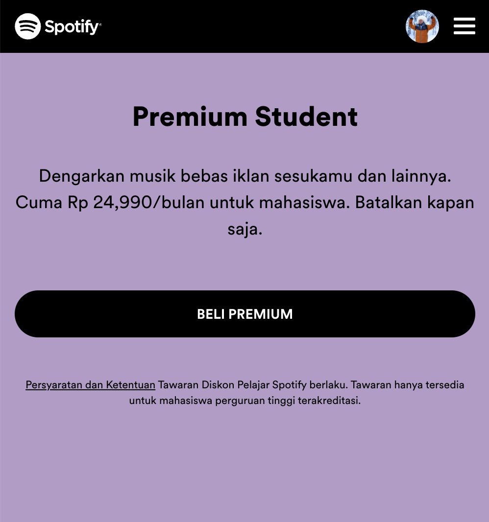 fauzanalrasyid's tweet photo. Mau pakai Spotify versi Premium Student? Pertama-tama, buka tautan berikut: https://t.co/jlLNZbXuxr.

Paket ini dihargai Rp24.990/bulan (kalau pakai PayPal) atau Rp27.500/bulan dengan pulsa atau dompet digital (e-wallet) untuk mahasiswa. https://t.co/OfoKqir5YU