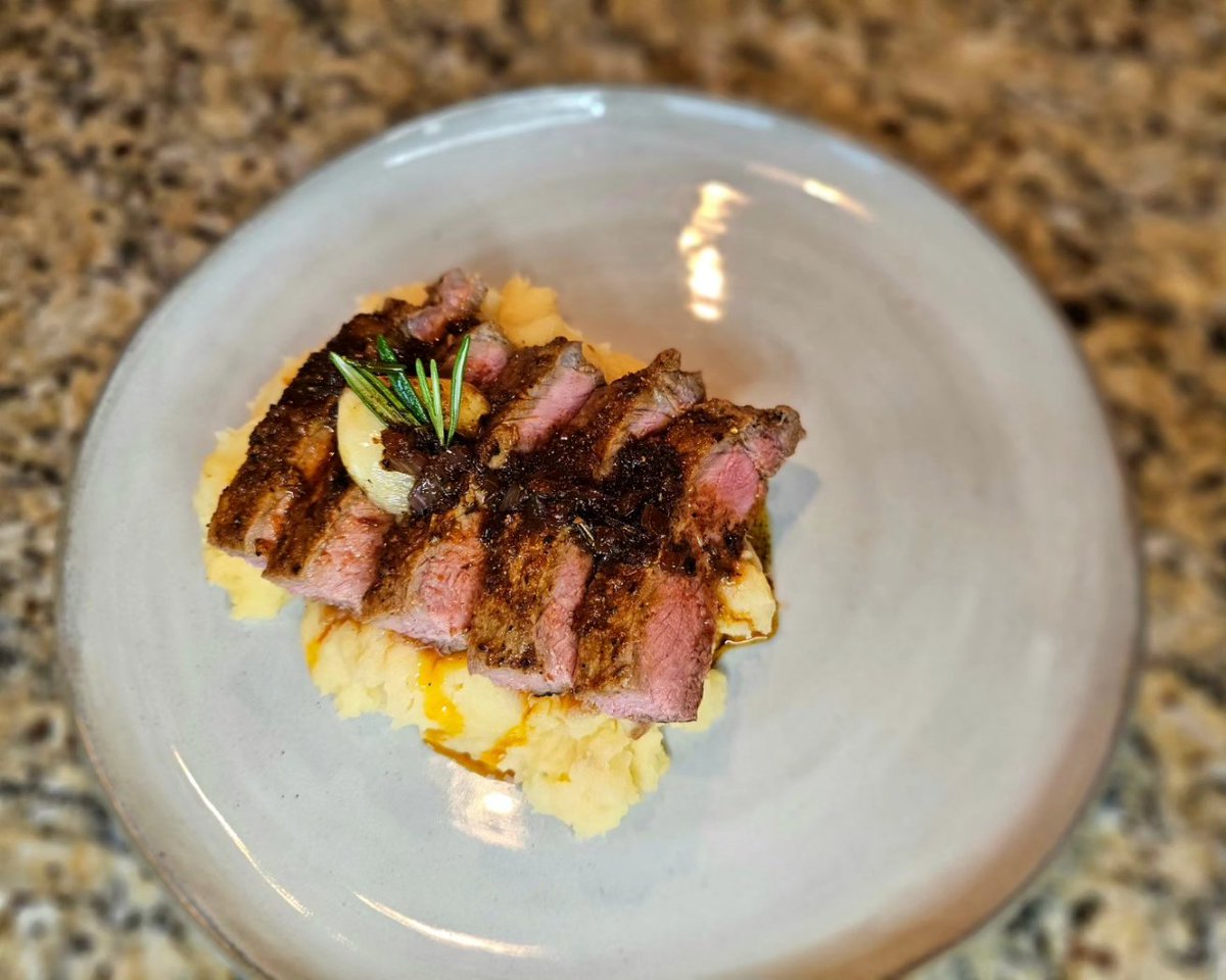 I couldn't figure out which one to post, so I am posting both! I made blackened New York strip, and I used sherry, garlic, rosemary, shallots, and butter for the pan sauce. Then I put it on top of mashed potatoes! All for my sister and brother in laws anniversary! It was yummy!