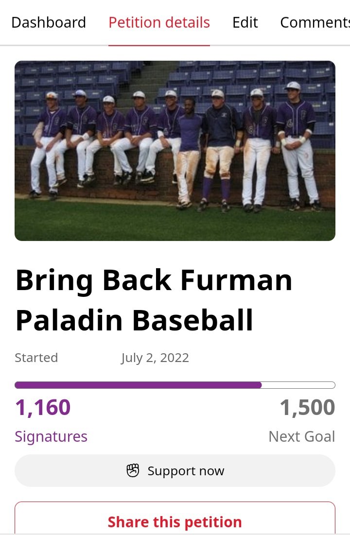 Furman_student's tweet photo. Exactly one year ago, I started this petition with the hopes of convincing Furman to bring baseball back. I quickly learned I wasn't alone. It's gone farther that I ever thought; don't give up!

#savefubaseball #furmanpaladins #baseball #ncaabaseball #furman https://t.co/JeXxA8D2Jn