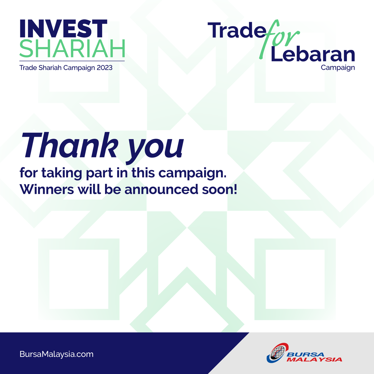 BursaMalaysia's tweet photo. We couldn't have done it without you! 🙌 Thank you for taking part in this campaign and joining us in our mission to help you achieve your financial goals. Your participation and support mean the world to us!
#TradeforLebaranCampaign #InvestShariah #iETF #iREIT https://t.co/c1w01sosmK