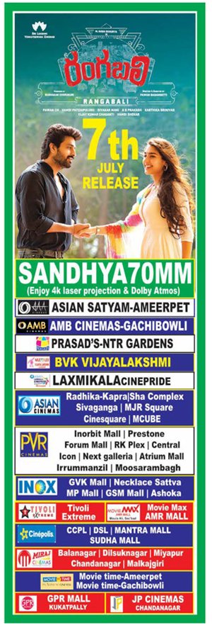 #Rangabali Nizam/Hyderabad theatres list 

@IamNagashaurya #YuktiThareja @PawanBasamsetti @pawanch19 @DivakarManiDOP #KarthikaSrinivas #ASPrakash @SLVCinemasOffl @saregamasouth