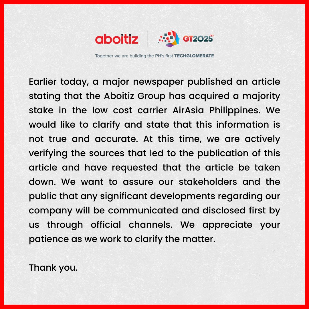 Holding Statement of the Aboitiz Group regarding the Acquisition of AirAsia