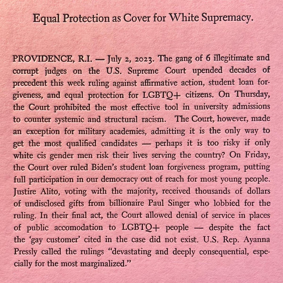 TLinotypist's tweet photo. “The Supreme Court has given up their legitimacy in exchange for billionaire fishing trips and their authority should be treated accordingly.” — Alexandria Ocasio-Cortez #letterpress #linotype #supremecourt #billionairefishingclub #affirmativeaction #equalprotection https://t.co/hcg3imYjmc