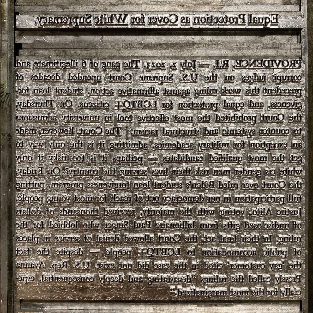 TLinotypist's tweet photo. “The Supreme Court has given up their legitimacy in exchange for billionaire fishing trips and their authority should be treated accordingly.” — Alexandria Ocasio-Cortez #letterpress #linotype #supremecourt #billionairefishingclub #affirmativeaction #equalprotection https://t.co/hcg3imYjmc