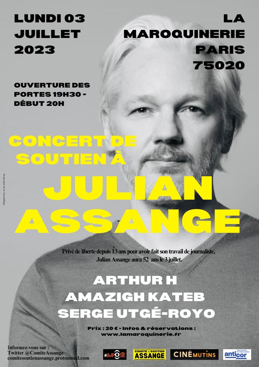 Concert à ne pas manquer, ce soir 🎼🎵💚♥️✊.  Allez y pour le plaisir d'entendre trois artistes d'exception. Ou pour soutenir, le jour de son triste anniversaire, Julian Assange et sa cause emblématique de nos libertés. Ou pour les deux. Vous ne regretterez pas ! #freeassange