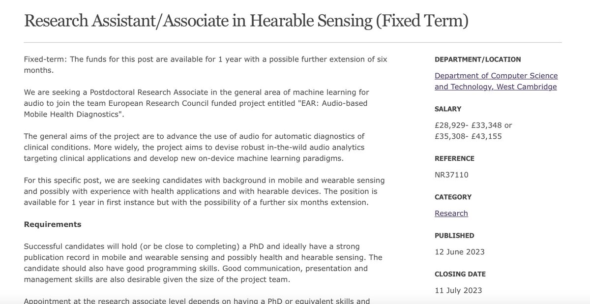 Cecilia Mascolo🇪🇺🇬🇧 (@cecim) on Twitter photo Only a few days left to apply for a postdoc on Hearable Sensing in my team an on <a href="/ERC_Research/">European Research Council (ERC)</a> project EAR. jobs.cam.ac.uk/job/41389/ Only a few days left to apply for a postdoc on Hearable Sensing in my team an on <a href="/ERC_Research/">European Research Council (ERC)</a> project EAR. jobs.cam.ac.uk/job/41389/