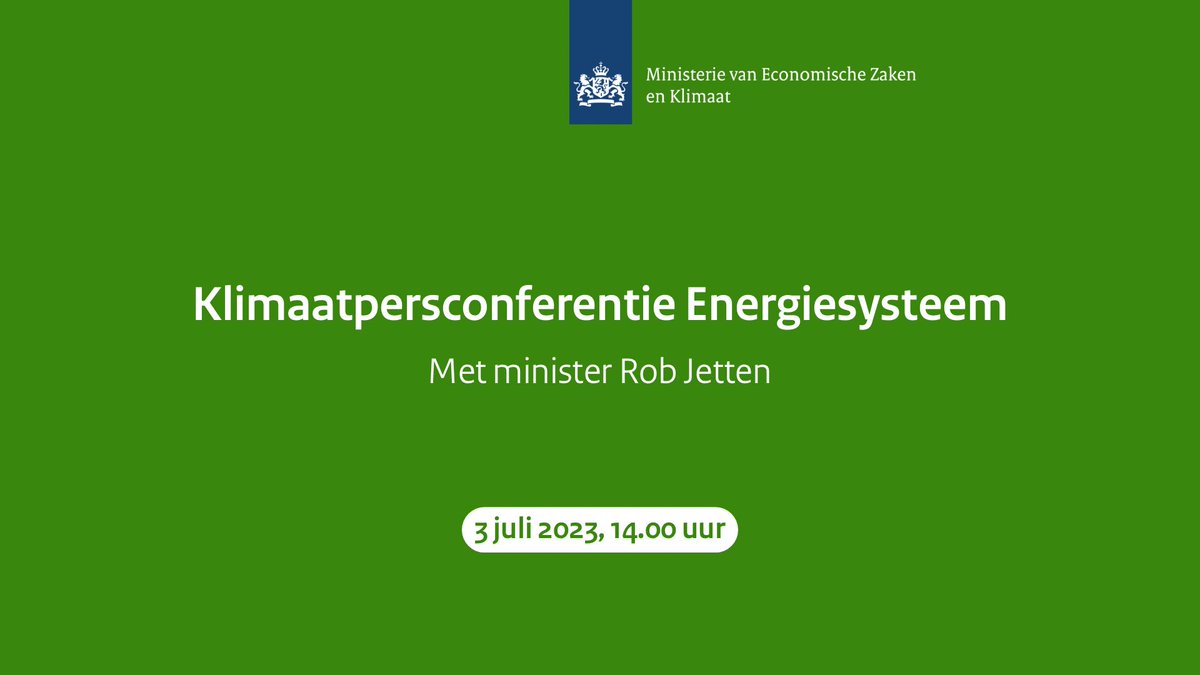 Vanmiddag geeft Rob Jetten (@MinisterKenE) een persconferentie over het energiesysteem van de toekomst en de strategie van het kabinet om daar te komen. 🕑 De persconferentie start om 14.00 uur Bekijk live ⤵️ youtube.com/ministerieezk