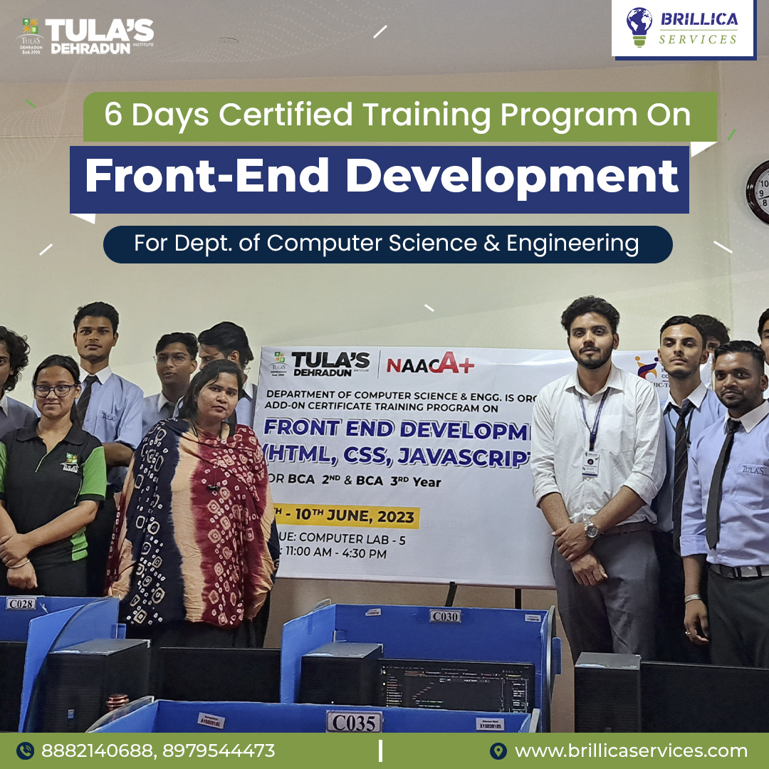 👉6 Days #CertifiedTraining Program on #Front-End Development for Dept. of #computerscience  & Engineering.

#BrillicaServices #SummerTraining #FrontEndDevelopment #CertifiedProgram #ComputerScience #Engineering #TulasInstitute #HTML #CSS #JavaScript #React #Angular