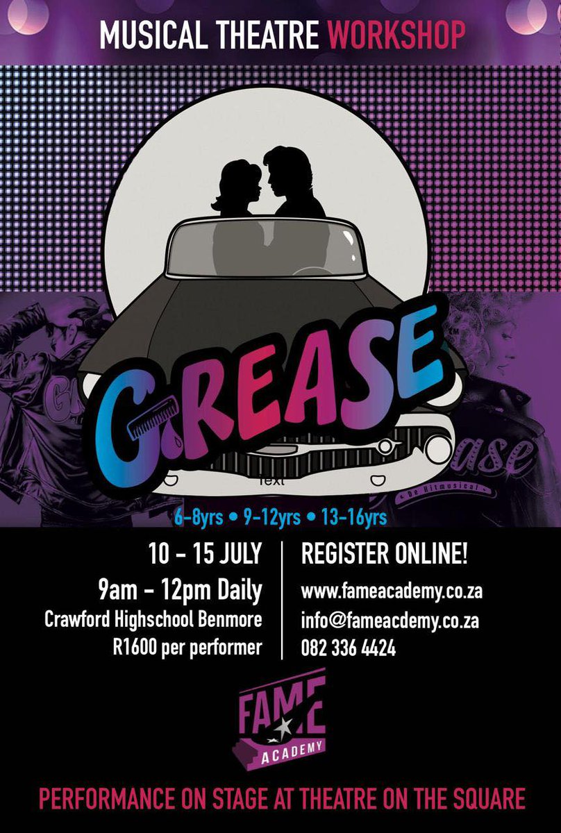 FAME ACADEMY Musical Theatre Holiday Workshop in Sandton. Singing! Dancing! Acting! Kids and Teens. Classes taught by television and theatre professionals. 6-16yrs old. Final Performance ON STAGE at Theatre on The Square. Booking essential jozikids.co.za/listing/fame-a…