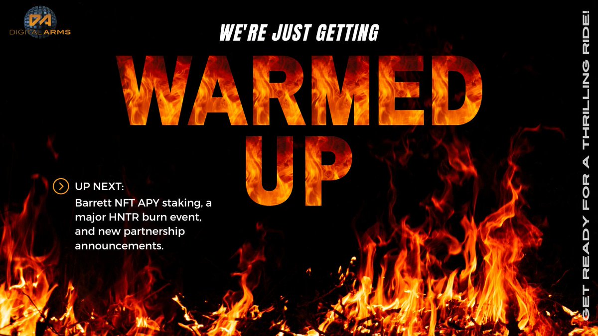 DigitalArmsNFT's tweet photo. 🔥 We're just getting warmed up! Up next: Barrett NFT APY staking, a major HNTR burn event, and new partnership announcements. Get ready for a thrilling ride! 🤩
#DigitalArms #BarrettNFT #BSCGems #BSCGemAlert #BNBChainNFTs #StakingRewards #NFTburn https://t.co/n0r6eyoAeY