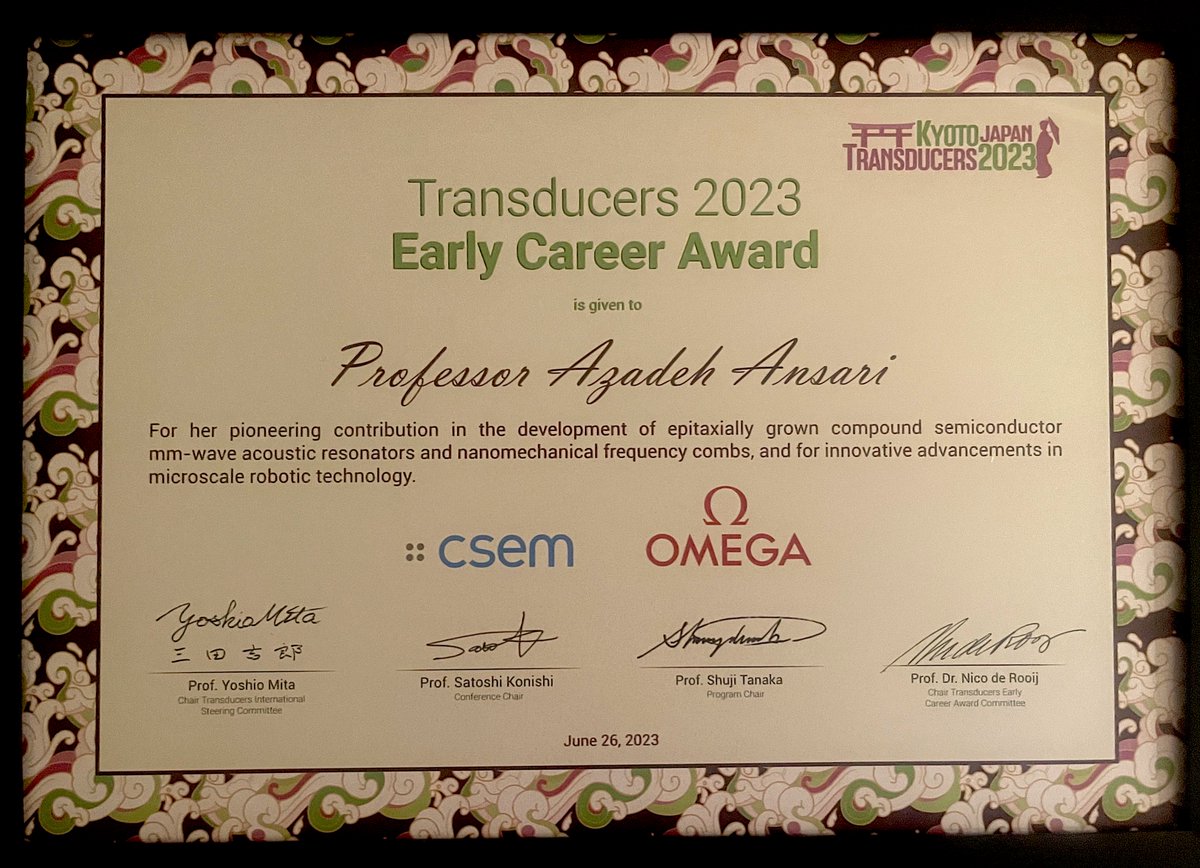 Thrilled to share that I am the recipient of the <a href="/Transducers2023/">TRANSDUCERS2023</a> Early Career Award, presented in Kyoto last week!
A BIG thank you to the Transducers Early Career Award Committee, <a href="/CSEMInfo/">CSEM</a> and <a href="/omegawatches/">OMEGA</a>, and my amazing students, mentors and collaborators!