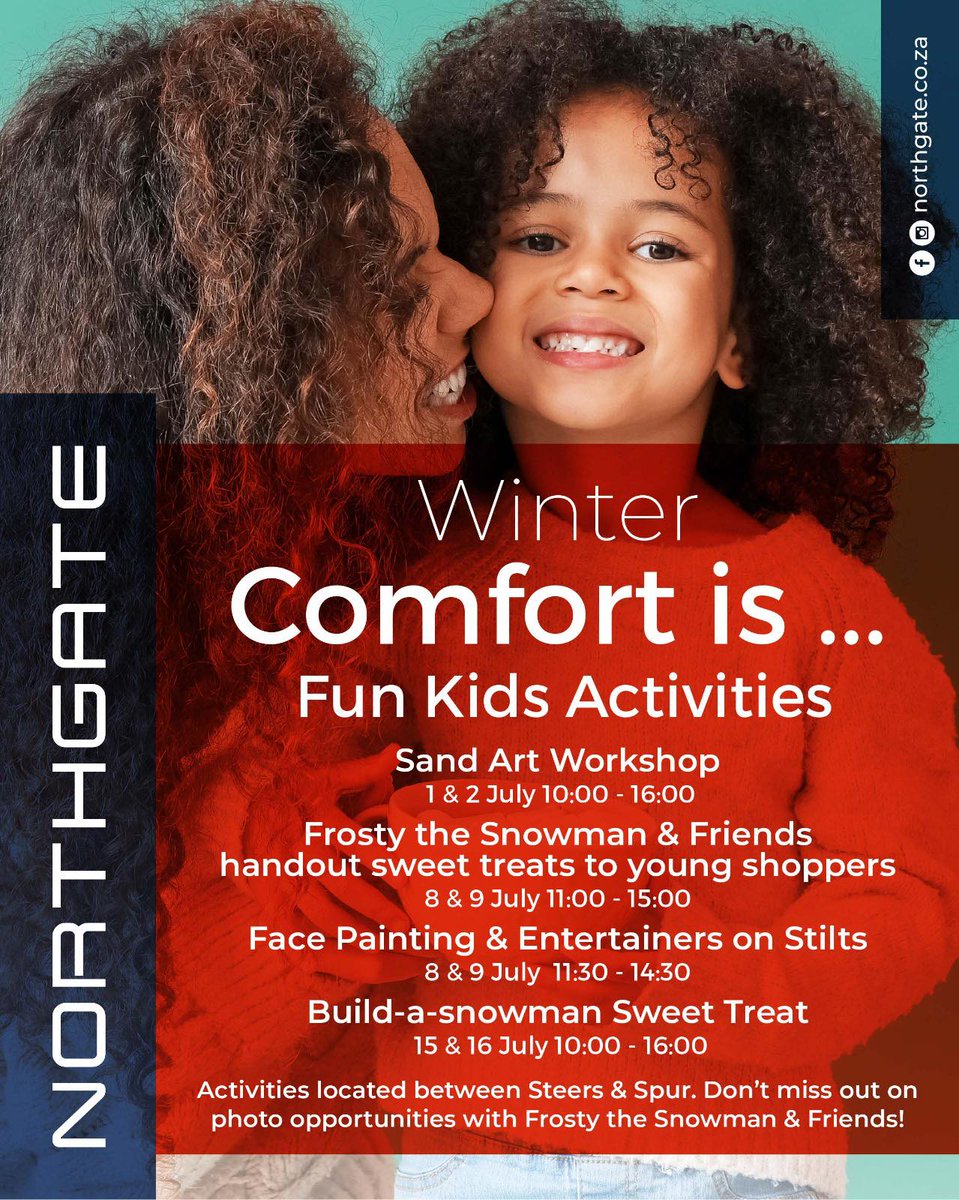 🎉  Don't miss out on the coolest kids' holiday activities at Northgate Shopping Centre!
• Sand art workshop
• Roaming snowman with photo opportunities and treats
• Face painting &amp; stilt-walkers
• Build-a-Snowman workshop 
 jozikids.co.za/listing/northg…