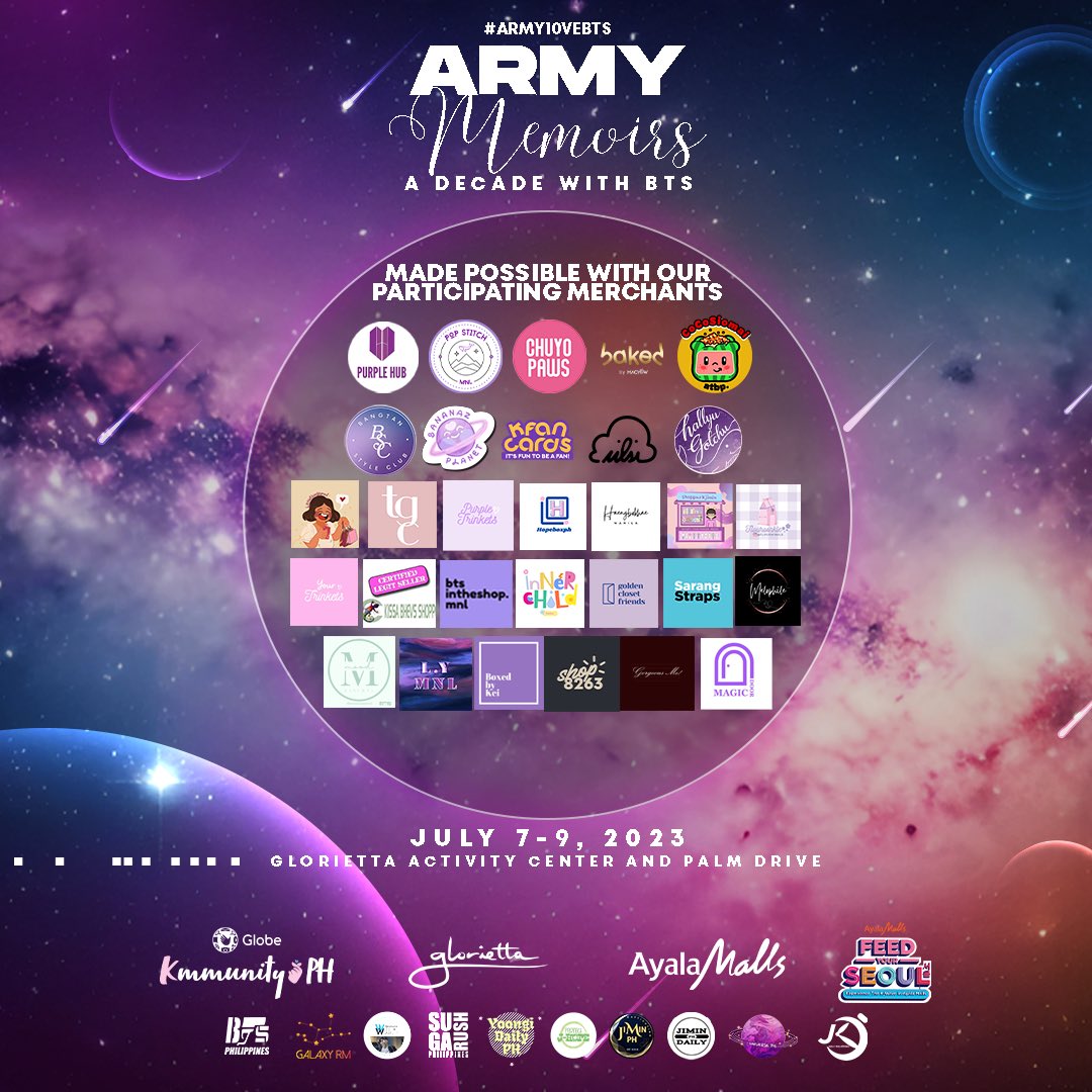 Step into the world of BTS this weekend and relive their iconic journey. Join us for #ARMY10VEBTS and immerse yourself in the magic!🪄✨

The wait is almost over! We've partnered with these incredible shops to bring you an unforgettable showcase of surprises. 🤩