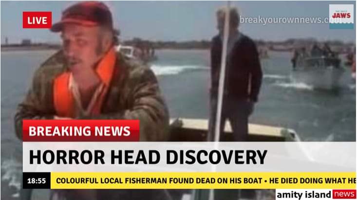 thedailyjaws's tweet photo. #JAWS #BreakingNews Grim discovery of local Amity fisherman last night in boat wreck. Harbor Master Frank Silva almost chokes on his cereal when he hears news.

#JawsWeek

Discover more: https://t.co/CSlA2fkTUy https://t.co/AmohZE4DFe