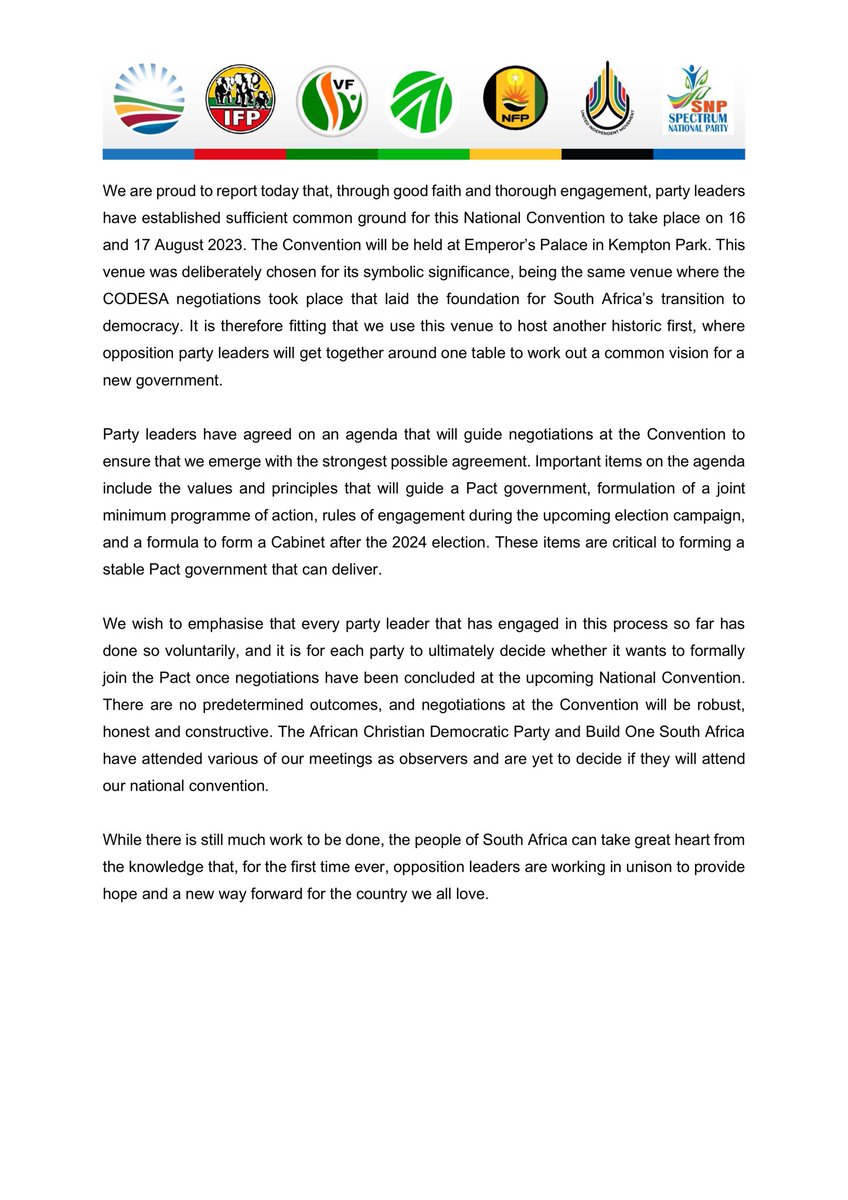 On 16 and 17 August, opposition leaders will hold a historic convention at the same venue as Codesa, to form a Pact that can win the 2024 election. Voters can take heart that, for the first time, political leaders are working in unison to provide hope for South Africa. 🇿🇦