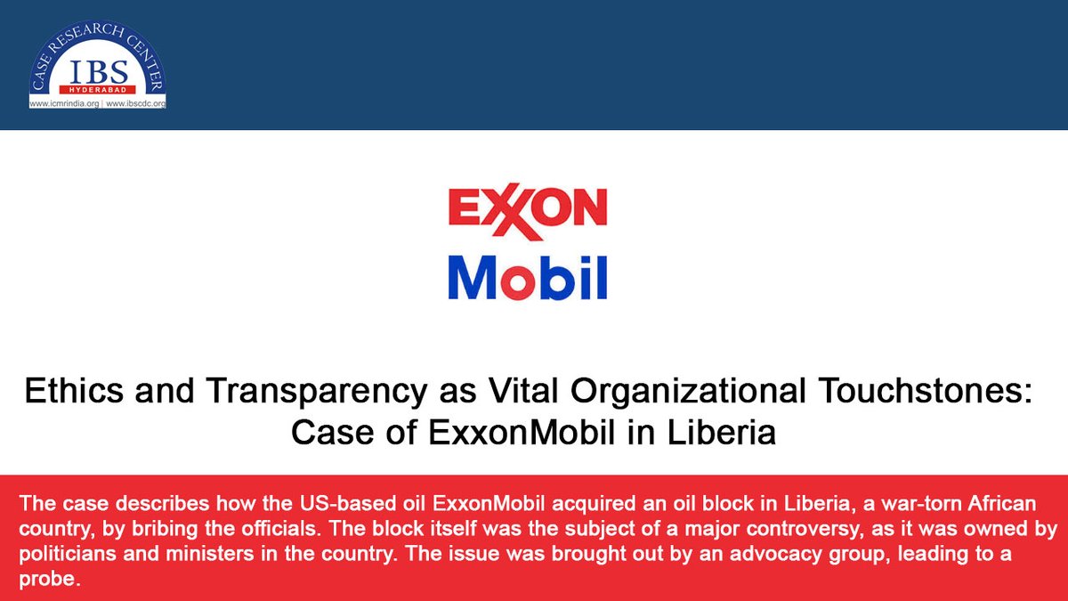 caseresearch's tweet image. Ethics and Transparency as Vital Organizational Touchstones:  Case of ExxonMobil in Liberia

#ethics #transparency #Bribing #CorporateEthics #ethicaldecisionmaking #Corruption 

icmrindia.org/Short%20Case%2…