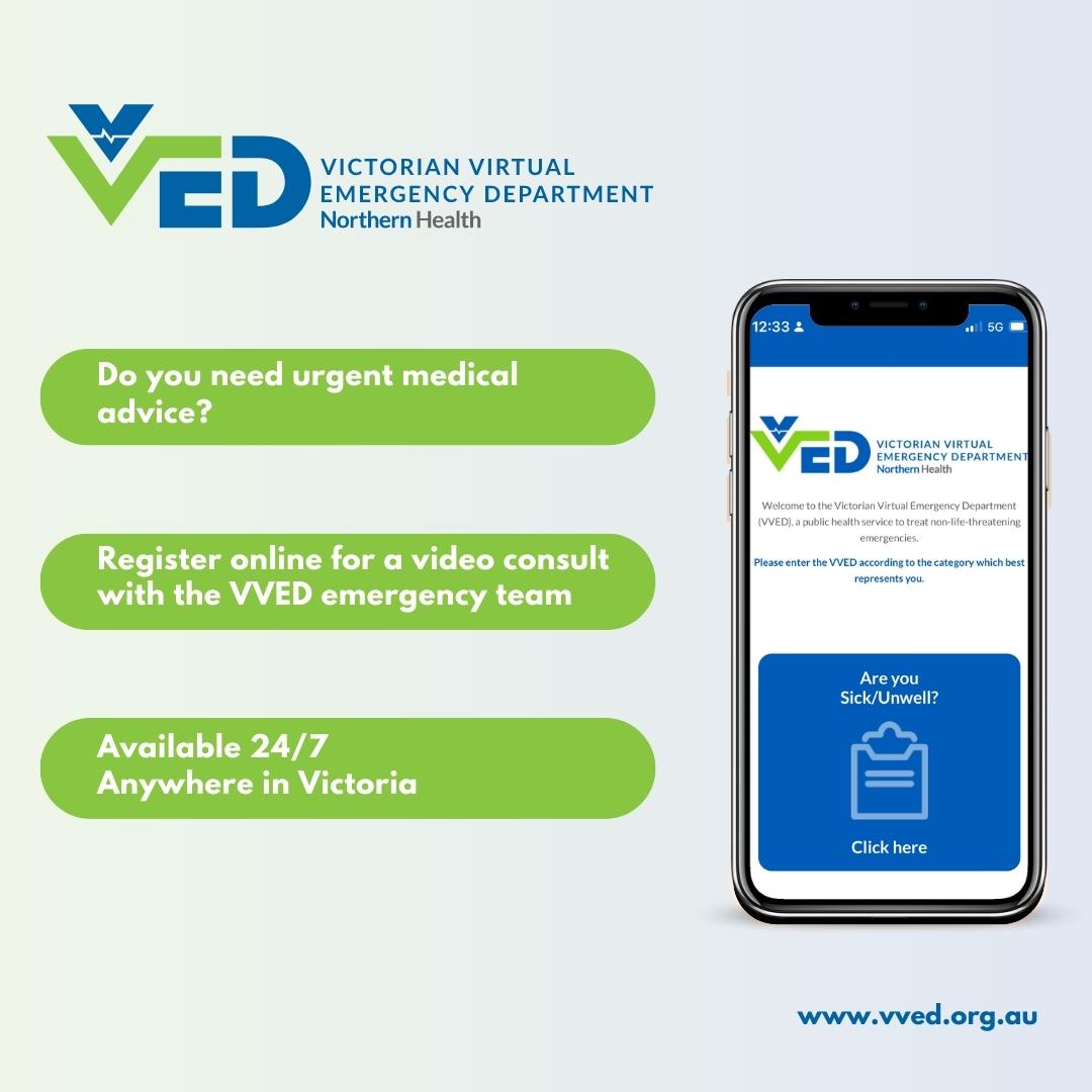 northernhealth_'s tweet photo. The Victorian Virtual Emergency Department (VVED) is available to all Victorians, 24/7. Get emergency care from trained doctors and nurses, from anywhere in Victoria. Interpreter services are also available.

To access the VVED, please visit https://t.co/0fmJbLszsl. https://t.co/9EgvulSBZa
