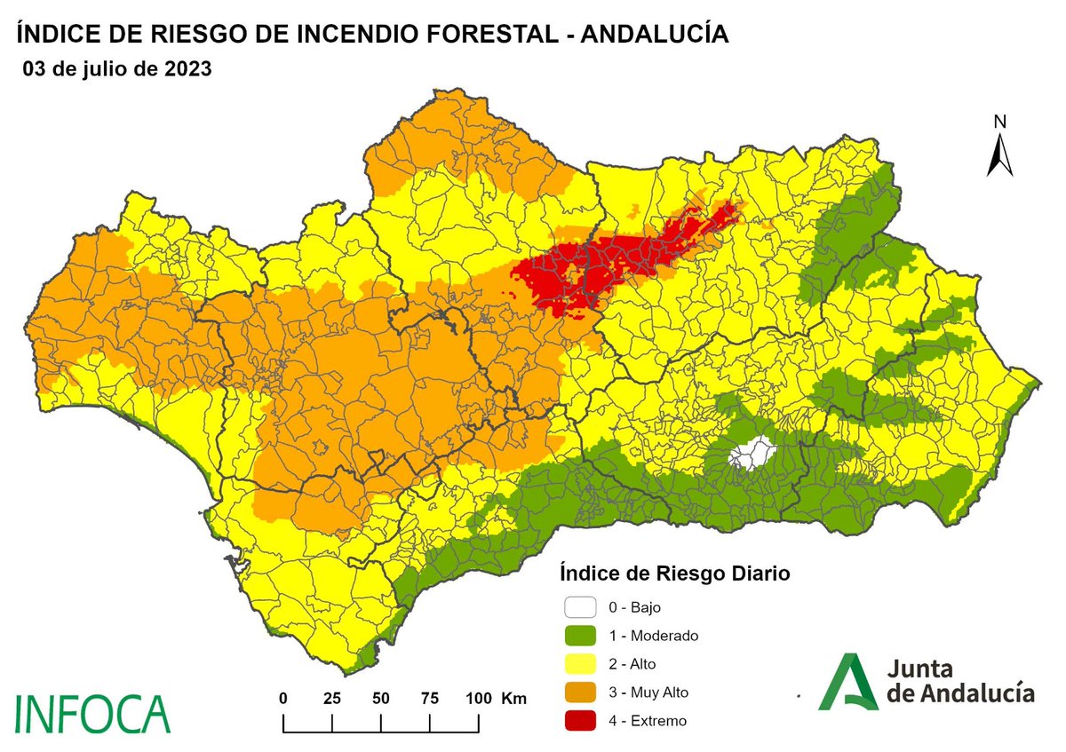 Plan_INFOCA's tweet photo. 🟥3/07/2023 | El ÍNDICE de RIESGO de #IIFF es una información que elabora diariamente la Unidad Técnica de Análisis del Fuego #UTAF, dependiente del Centro Operativo Regional del Infoca.
Cuanto más intenso el color, más RIESGO existe y más prudentes debemos ser. Buenos días. https://t.co/82aj5LusrM