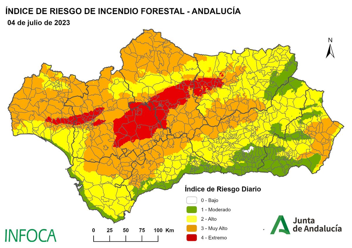 Plan_INFOCA's tweet photo. 🟥3/07/2023 | El ÍNDICE de RIESGO de #IIFF es una información que elabora diariamente la Unidad Técnica de Análisis del Fuego #UTAF, dependiente del Centro Operativo Regional del Infoca.
Cuanto más intenso el color, más RIESGO existe y más prudentes debemos ser. Buenos días. https://t.co/82aj5LusrM