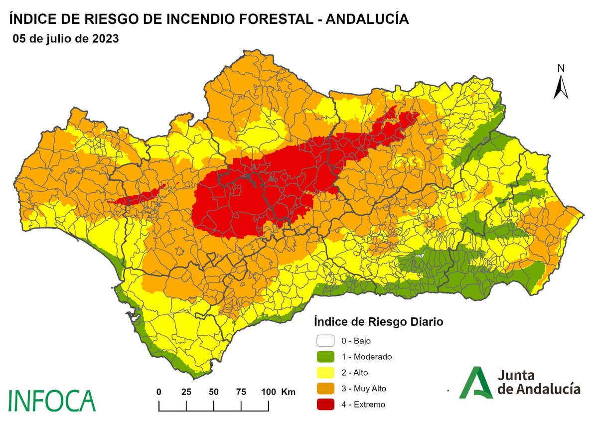 Plan_INFOCA's tweet photo. 🟥3/07/2023 | El ÍNDICE de RIESGO de #IIFF es una información que elabora diariamente la Unidad Técnica de Análisis del Fuego #UTAF, dependiente del Centro Operativo Regional del Infoca.
Cuanto más intenso el color, más RIESGO existe y más prudentes debemos ser. Buenos días. https://t.co/82aj5LusrM