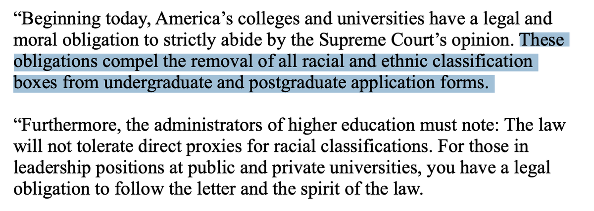 These paragraphs from the SFFA press release are why guidance from @usedgov is so important. There is ZERO reason to remove the question about a student's race/ethnicity from an app.