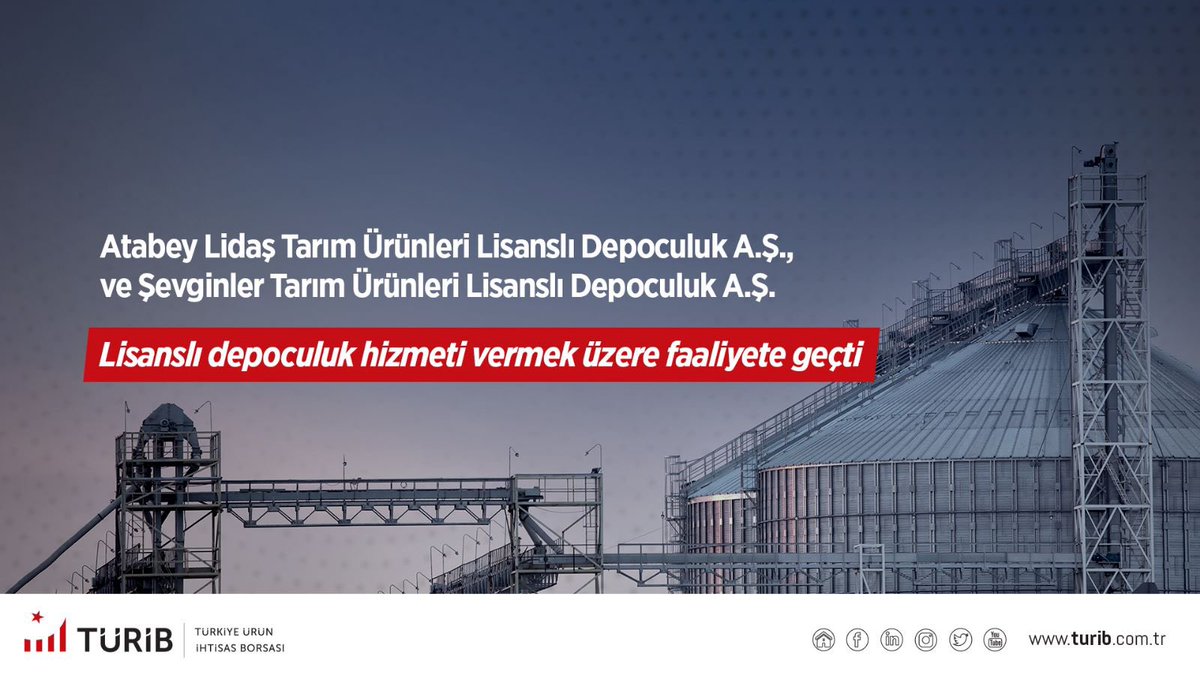 T.C. Ticaret Bakanlığı ve Borsamız nezdinde gerekli şartları yerine getiren 
▪️Çınar/DİYARBAKIR’da yerleşik Atabey Lidaş Tarım Ürünleri Lisanslı Depoculuk A.Ş. (ISIN ihraççı kodu: XJR) “Hububat, Baklagiller ve Yağlı Tohumlar”,
▪️Tuşba/VAN’da yerleşik Şevginler Tarım Ürünleri