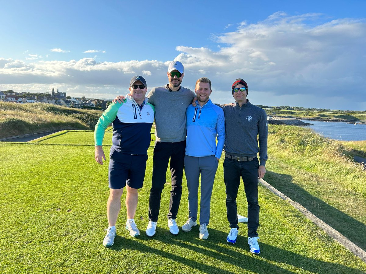 PJGolfPro's tweet photo. What a cracking first day at @ArdglassGolf for our golf trip. Thanks @paulvaughanpro for having us and @TomKGolf for setting up the whole trip. Course was fab and the wind reminded us what links golf was all about ! Ireland managed to get the win on 18 but 72 more holes to go ! https://t.co/c53zAXpbgC