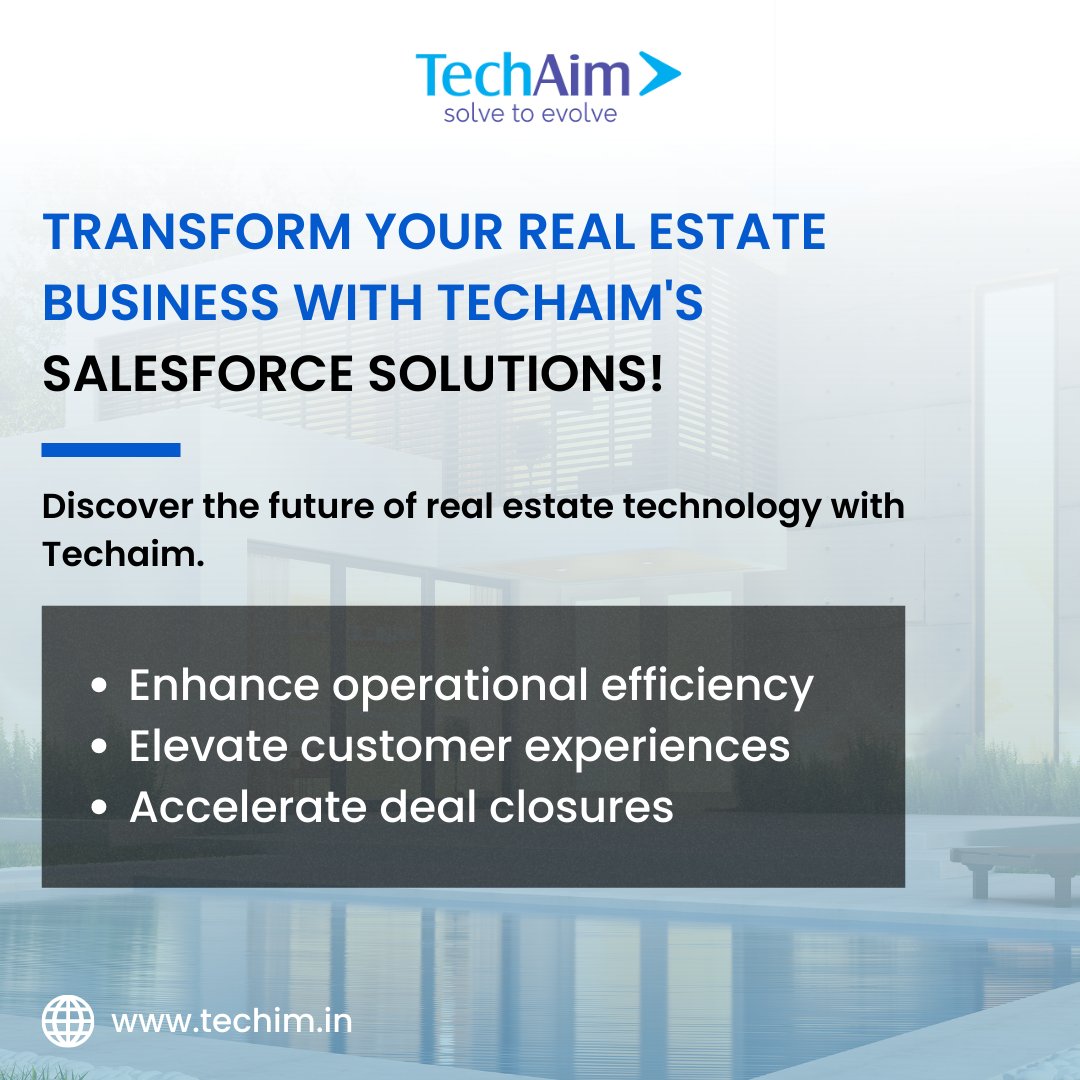 Transform your real estate business today with Techaim's Salesforce solutions and embark on a journey of growth, efficiency, and exceptional customer experiences.
Contact us and witness the future of real estate industry
Visit Us: techiam.in
Email: Info@techaim.in