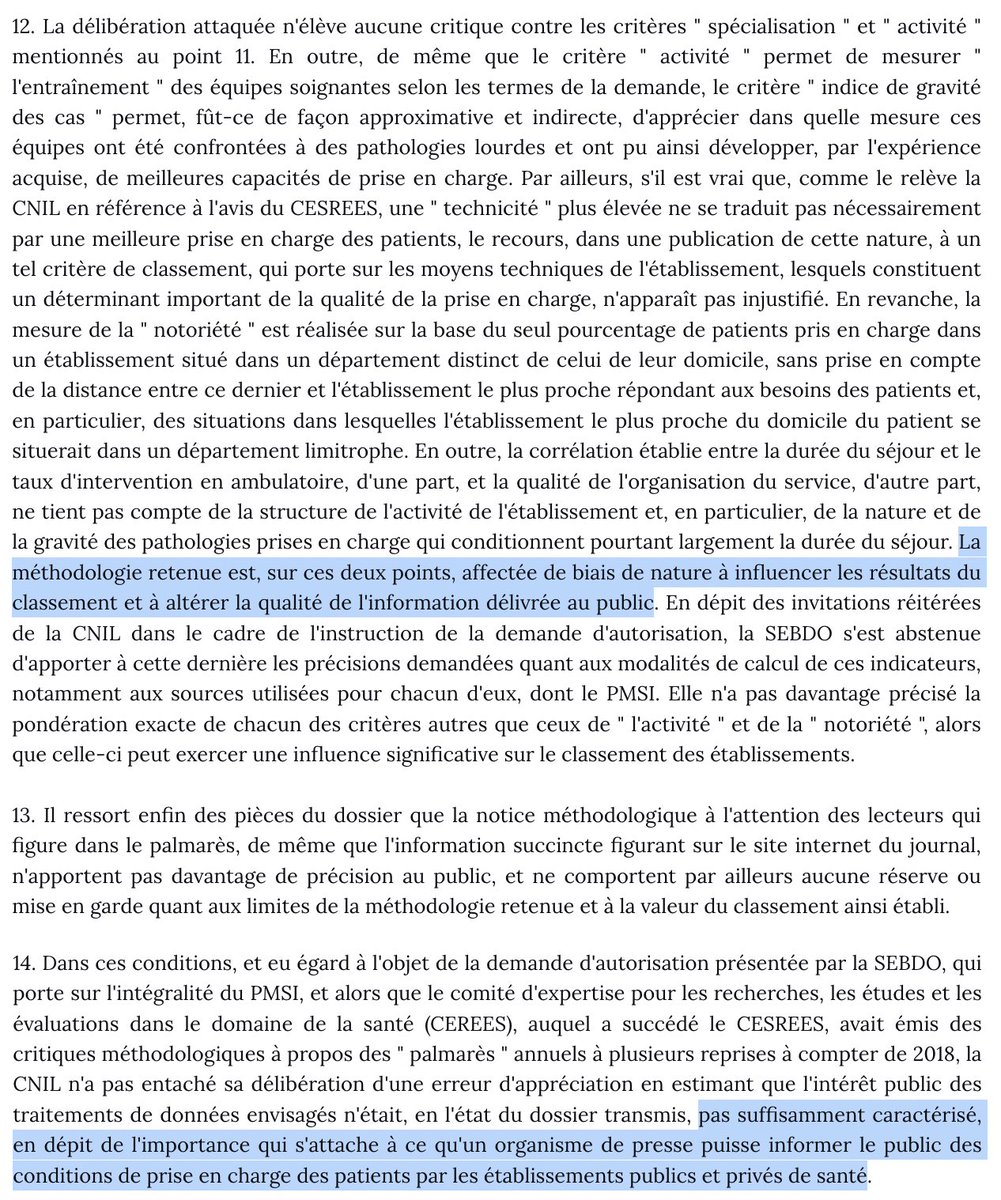 Données de santé &amp; journalisme : Le <a href="/Conseil_Etat/">Conseil d'État</a> rejette le recours du <a href="/LePoint/">Le Point</a> contre la <a href="/CNIL/">CNIL</a>.

Est justifié le refus d'accès à des données pour créer un "palmarès des hôpitaux", car ses carences méthodologiques peuvent induire en erreur le public.

=> bit.ly/3NWXXvK