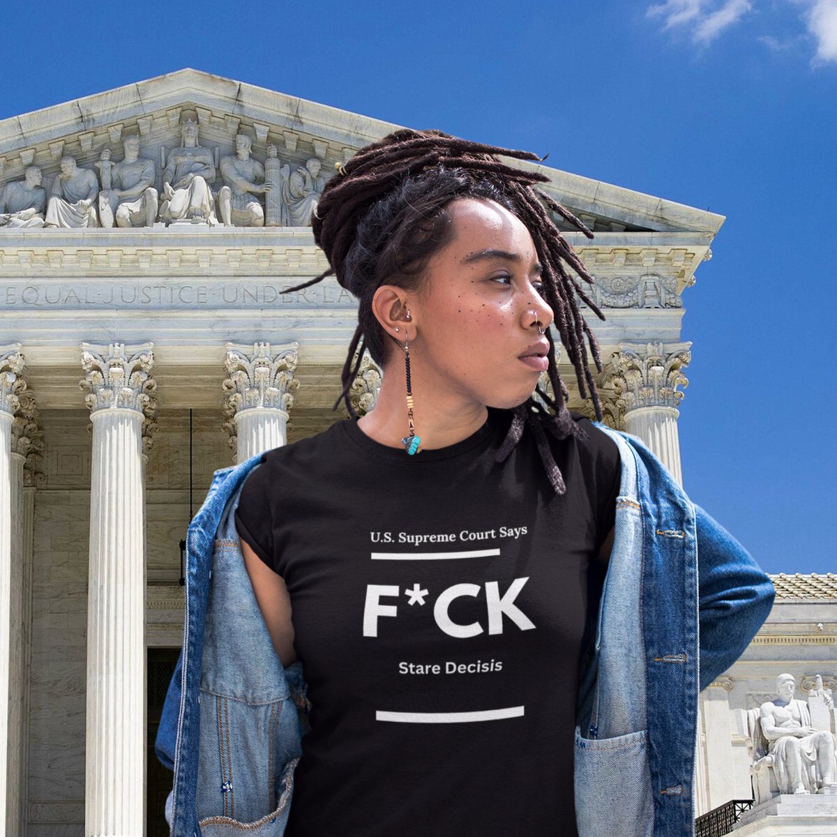 AJs2's tweet photo. Our Defiant "F*ck Stare Decisis" T-Shirt! Inspired by recent Supreme Court decisions this garment is a powerful symbol of defiance against the status quo. #BreakTheNorms #StandForJustice #UnleashChange
#SocialJusticeNow
#EmpoweredActivism
#StandUpSpeakOut
https://t.co/oSLsuuDdOI https://t.co/4ty5qe32aw