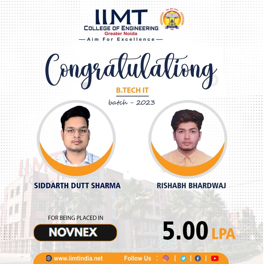 iimtnoida's tweet photo. #congratulate to our Students of B. Tech IT, Batch - 2023 for being #placed in 'NOVNEX' with a package of 5.00 PLA.
https://t.co/UOh7RIbr6l
Call: 9520886860
#Placement #CampusPlacement #IIMTIndia #IIMTian #MCAPlacements #BtechIT #AdmissionOpen #BTechITPlacement #admissionopen https://t.co/nFUsJ3QbVc