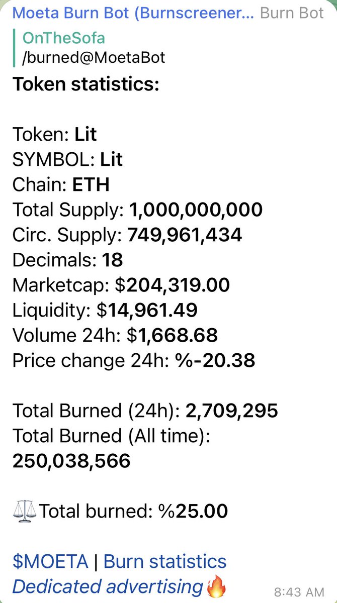 Did we mention, $LIT is SUPER deflationary!

Just reached a huge milestone of 25% of total supply burned. 30% is coming next 🔥

<a href="/moetaproject/">Moeta | ERC20</a> 📸